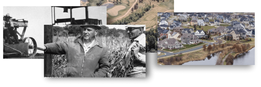 Historical images from Tradition archives showing undeveloped land and the founder